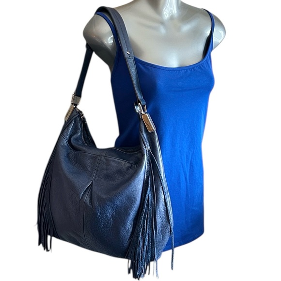 b. makowsky Handbags - B Makowsky Blue Pebbled Leather Slouchy Shoulder Bag with Fringe Accent